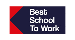 Best School to Work logo with bold white text on a dark blue and red geometric background.