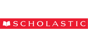 Scholastic logo featuring a white open book icon and bold white text on a red background.