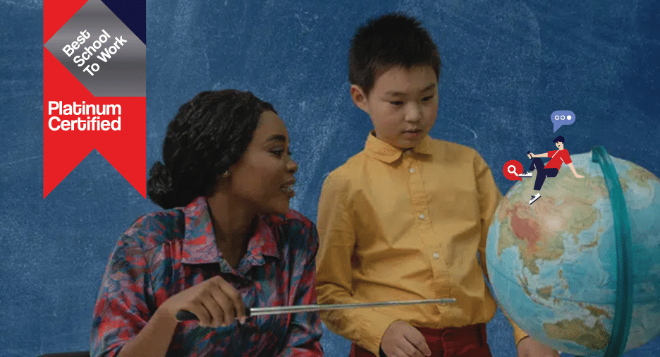 Teacher explaining geography to a student using a globe, with a 'Best School to Work - Platinum Certified' badge displayed.