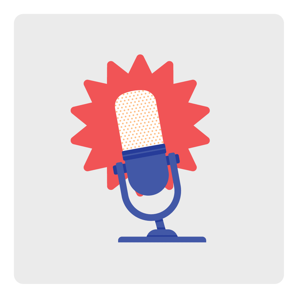 Illustration of a blue and red podcast microphone with a dynamic soundwave burst in the background.