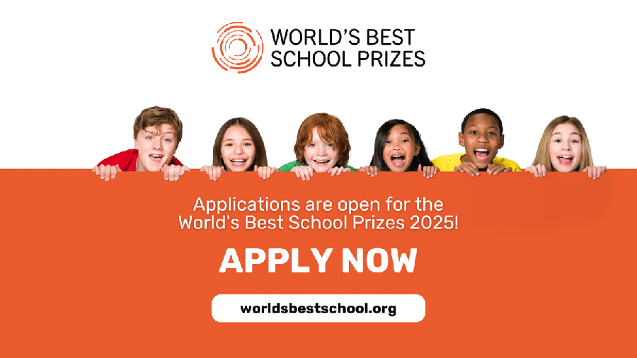 A promotional banner for the World’s Best School Prizes 2025, featuring six diverse and excited children peeking over an orange panel with text inviting schools to apply. The website worldsbestschool.org is displayed for more information.