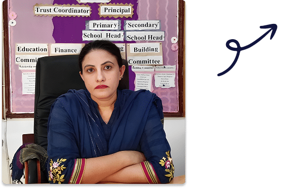 Farzana Kausar seated in front of an educational board listing school roles and committees