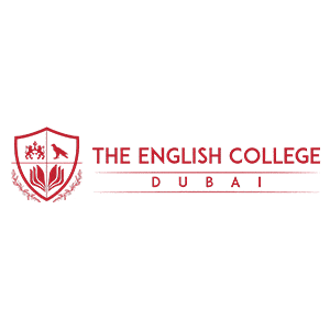 Logo of The English College Dubai featuring a red shield with symbols and text