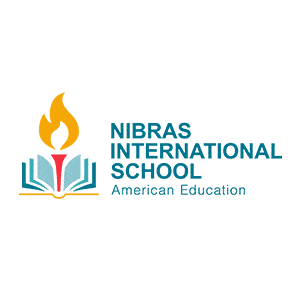 Logo of Nibras International School featuring a flame above an open book and the tagline American Education