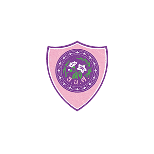 Logo of Amnuay Silpa School with pink shield and floral emblem