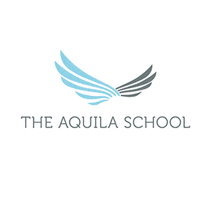 Logo of The Aquila School featuring stylized blue and grey wings above the school name