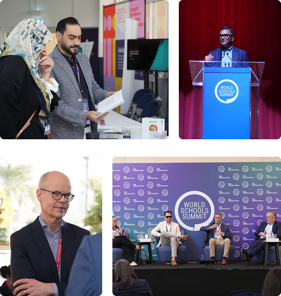 Collage from the World Schools Summit showing speakers at a panel, an individual at a podium, attendees in conversation, and a close-up of a participant.