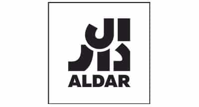 Aldar logo featuring bold geometric Arabic script above the word 'ALDAR' in uppercase English letters, enclosed within a square border.