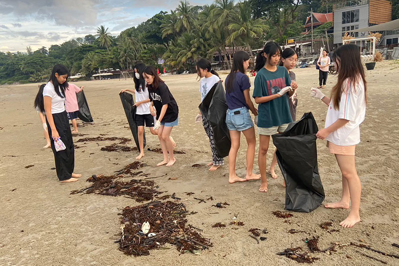 Group of students participating in a beach cleanup, collecting debris and seaweed with trash bags