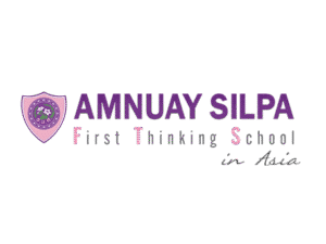 Amnuay Silpa School official logo featuring white flowers on a purple and pink shield
