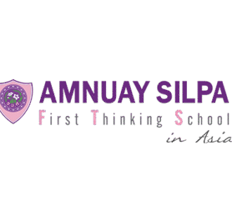 Amnuay Silpa School official logo featuring white flowers on a purple and pink shield