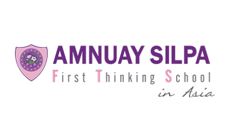 Amnuay Silpa School official logo featuring white flowers on a purple and pink shield