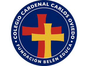 Logo of Colegio Cardenal Carlos Oviedo – Fundación Belén Educa, featuring red and yellow crosses