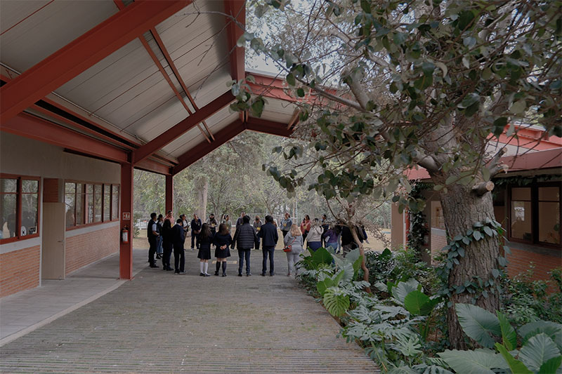 Students and adults gathered outdoors under a covered walkway surrounded by trees