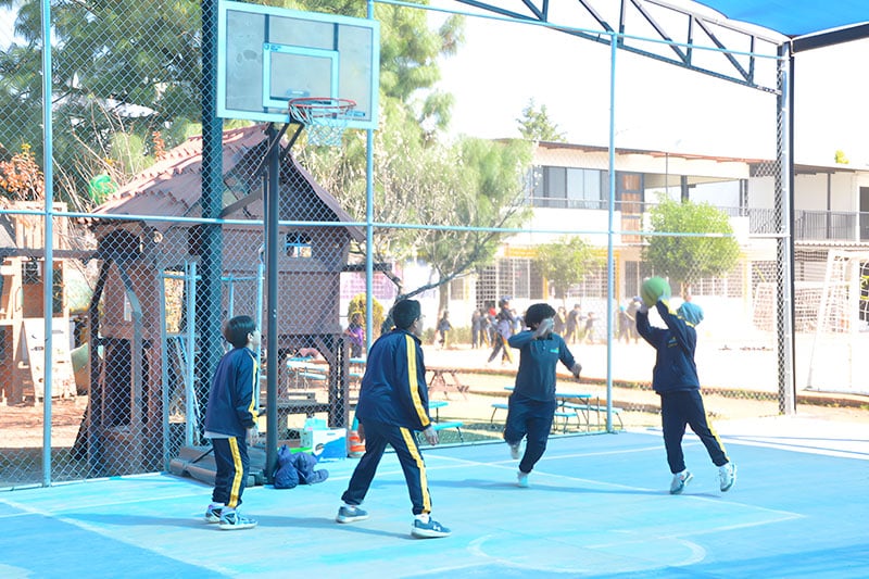 Primary school students playing basketball during physical education class