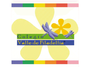 Colegio Valle de Filadelfia logo with dragonflies and colorful flower design