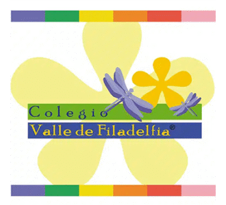 Colegio Valle de Filadelfia logo with dragonflies and colorful flower design