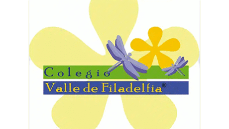 Colegio Valle de Filadelfia logo with dragonflies and colorful flower design
