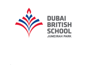 Dubai British School Jumeirah Park logo featuring a red and blue abstract flame or book design