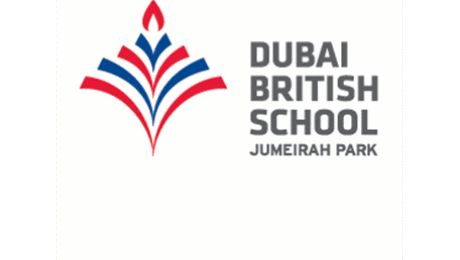 Dubai British School Jumeirah Park logo featuring a red and blue abstract flame or book design