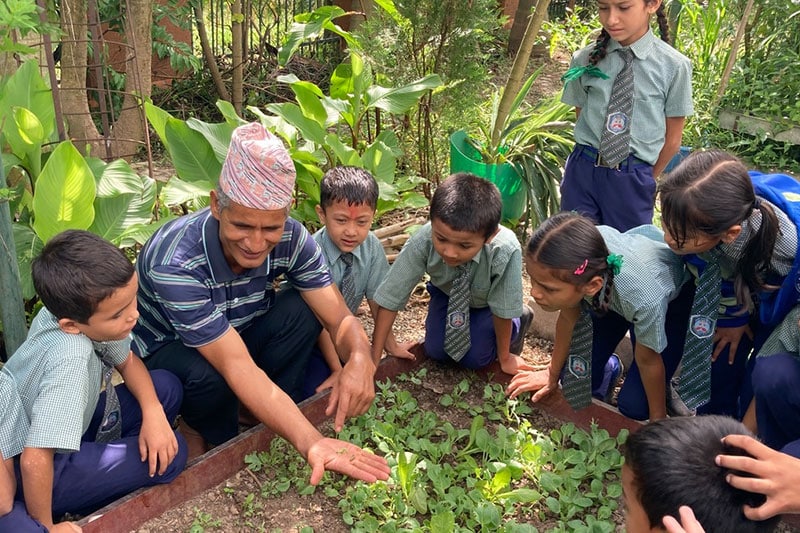 A man and a group of school children observing plants in a garden.