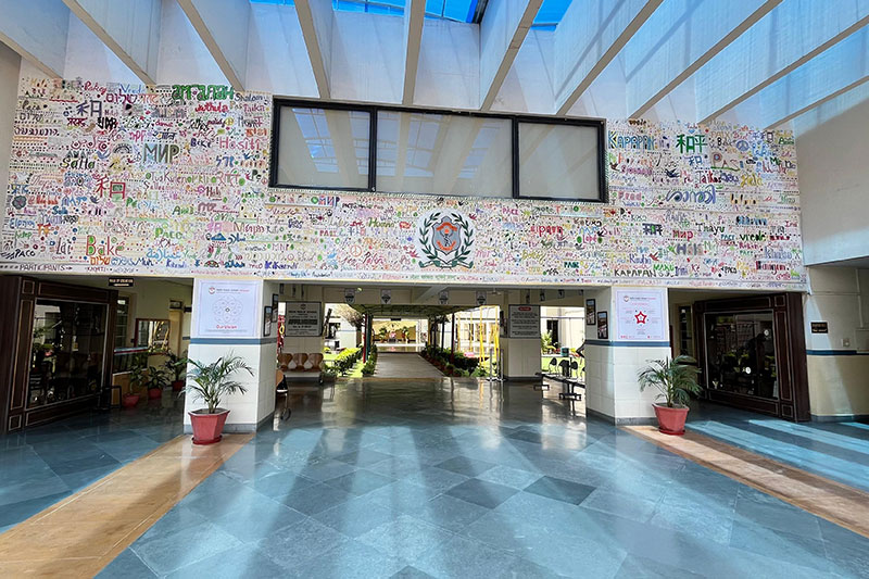 Entrance of Delhi Public School Varanasi with colorful mural artwork above