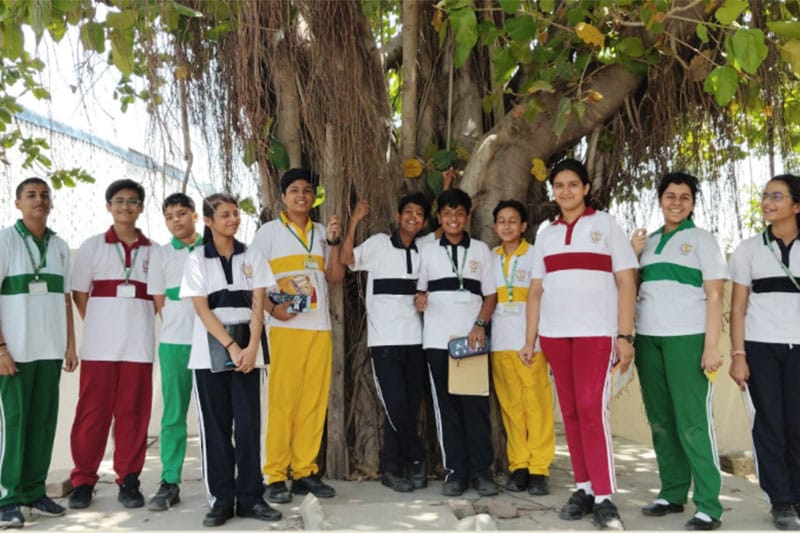 School students standing together under a large tree, wearing different house uniforms
