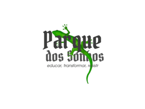Logo of Parque dos Sonhos featuring a green gecko climbing across stylised black text and the slogan "educar, transformar, resistir".