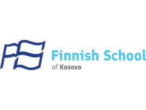Logo of the Finnish School of Kosovo featuring stylized initials "FS" in wavy blue lines next to the text “Finnish School of Kosovo.”
