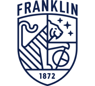 Franklin School crest featuring a stylized lion, stars, a globe, and the year 1872 in a navy blue shield.