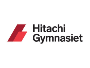 Logo of Hitachi Gymnasiet featuring two red geometric shapes and the name in bold black text.