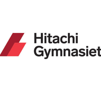 Logo of Hitachi Gymnasiet featuring two red geometric shapes and the name in bold black text.