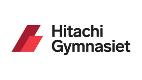Logo of Hitachi Gymnasiet featuring two red geometric shapes and the name in bold black text.
