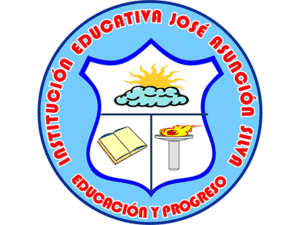 Logo of Institución Educativa José Asunción Silva featuring a shield with a sun and cloud, an open book, and a flaming torch, surrounded by the words "Educación y Progreso".