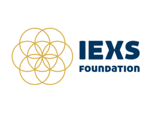 IEXS Foundation logo featuring interlocking gold circles on the left and bold blue text on the right.