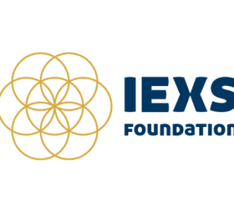 IEXS Foundation logo featuring interlocking gold circles on the left and bold blue text on the right.