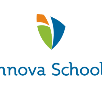 Logo of Innova Schools featuring a modern shield-like emblem in blue, green, and orange, above the name 