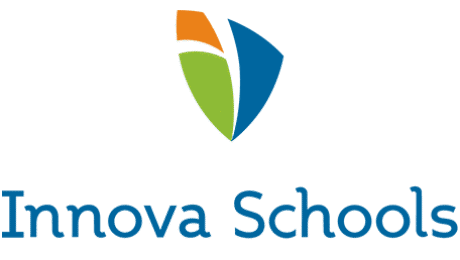 Logo of Innova Schools featuring a modern shield-like emblem in blue, green, and orange, above the name 