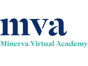Logo of Minerva Virtual Academy with bold “mva” initials in dark blue and the full name in turquoise.