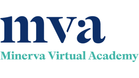 Logo of Minerva Virtual Academy with bold “mva” initials in dark blue and the full name in turquoise.