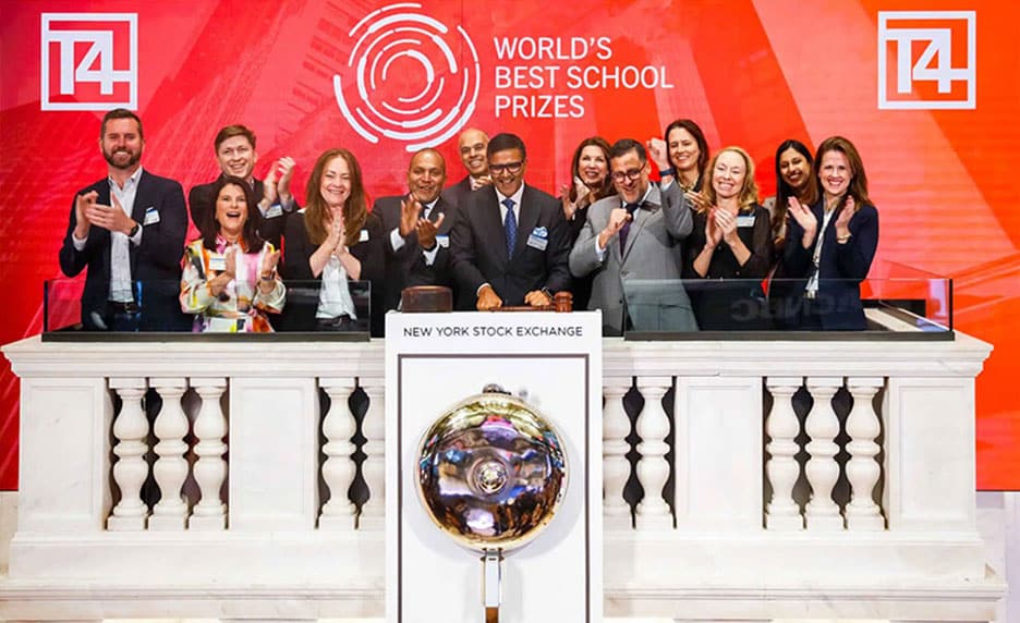 Group celebrating World's Best School Prizes at New York Stock Exchange bell ceremony