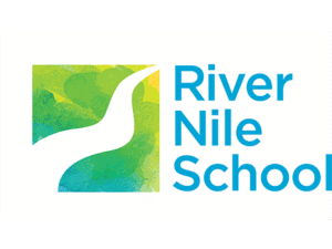 Logo of River Nile School with stylised river graphic and blue text
