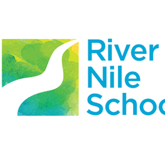 Logo of River Nile School with stylised river graphic and blue text