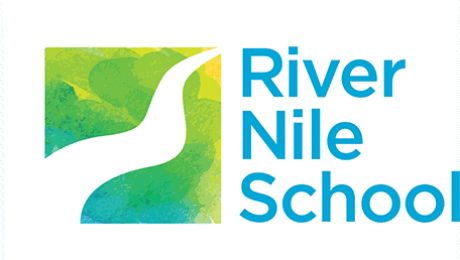 Logo of River Nile School with stylised river graphic and blue text