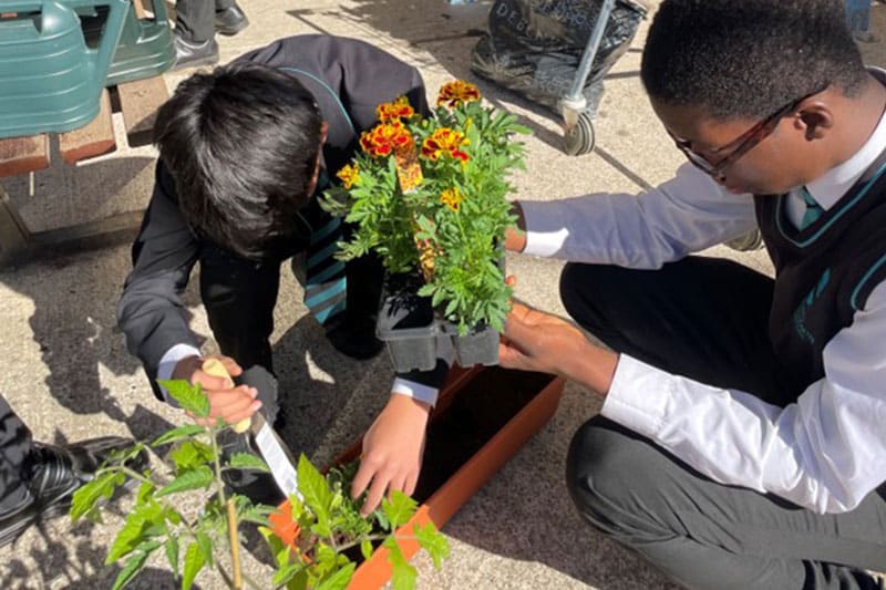 Students from Rivers Academy West London planting flowers as part of a hands-on gardening activity