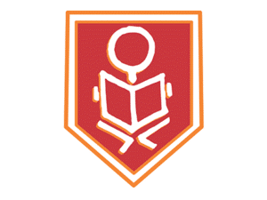 School logo depicting a stylised figure reading a book, inside a red and orange shield-shaped emblem.