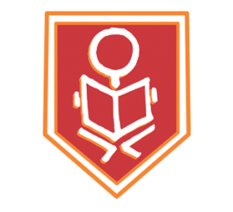 School logo depicting a stylised figure reading a book, inside a red and orange shield-shaped emblem.