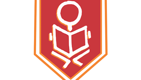 School logo depicting a stylised figure reading a book, inside a red and orange shield-shaped emblem.