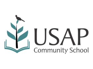 Logo of USAP Community School featuring a stylized plant growing from an open book with a bird perched on top.