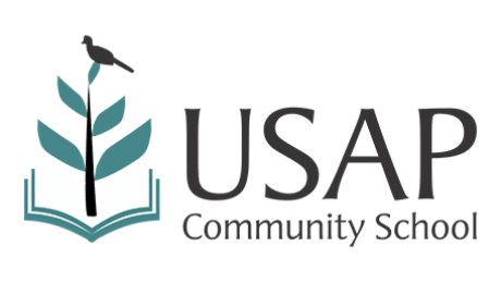 Logo of USAP Community School featuring a stylized plant growing from an open book with a bird perched on top.